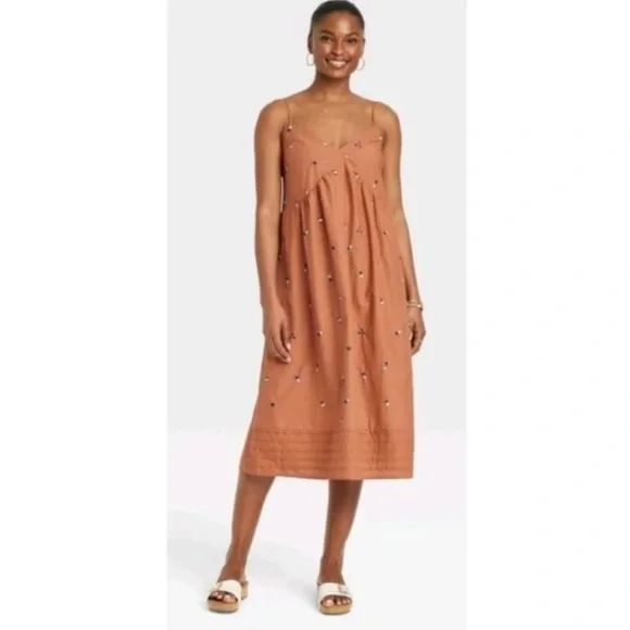 Women’s Floral Embroidered VNeck Midi Dress Universal Thread Rust Orange Size XS - Picture 1 of 8